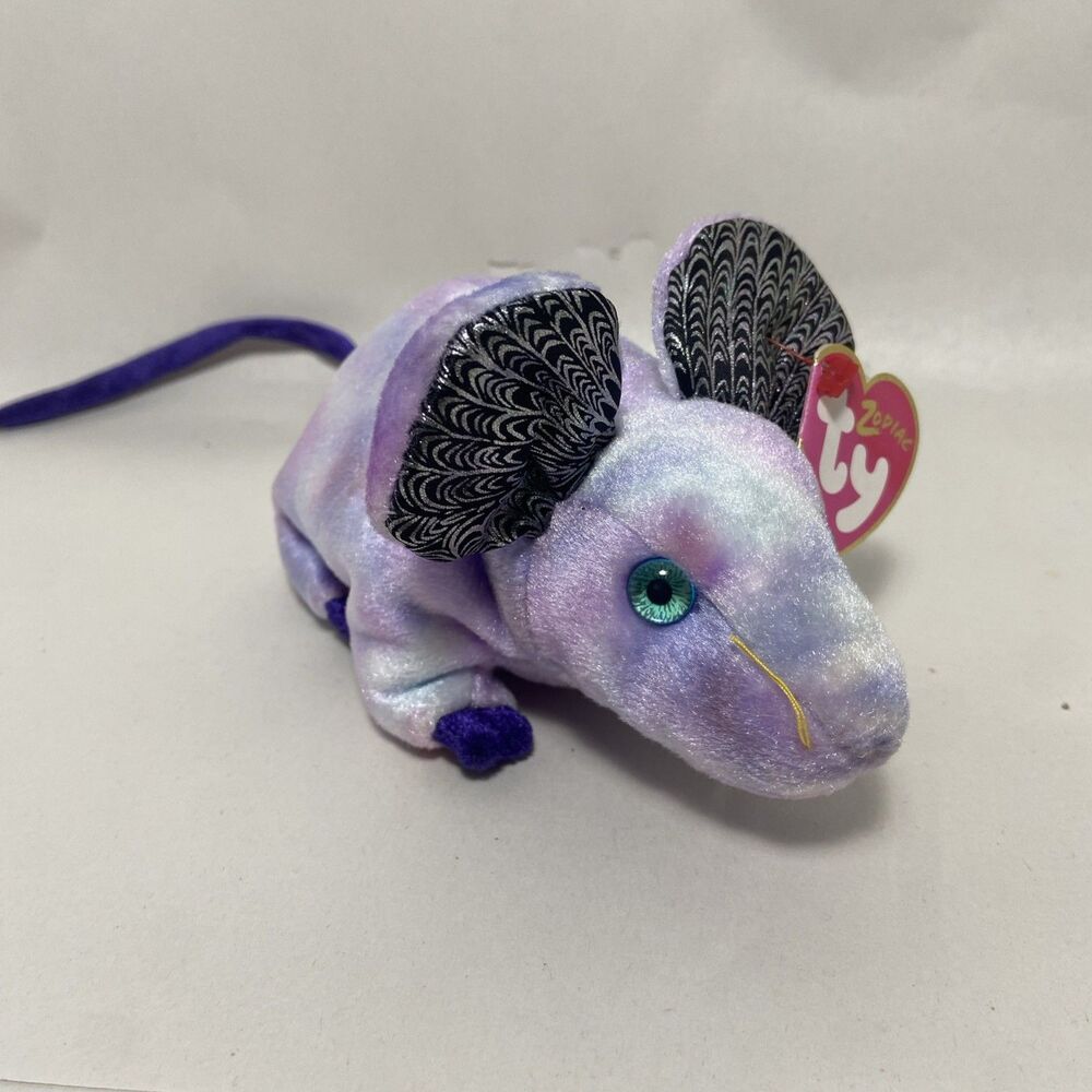 Ty Zodiac RAT Purple With Silver Metallic Ears Dark Tail 6.5 inch Hang Tag Y2k